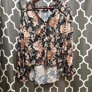 Floral Button-Up Blouse - Black and Orange